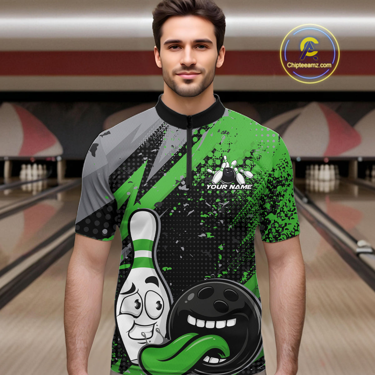 Custom Funny Bowling Men Quarter Zip Shirt, Green Bowling Ball And Pin Bowling Jersey IPHW12731