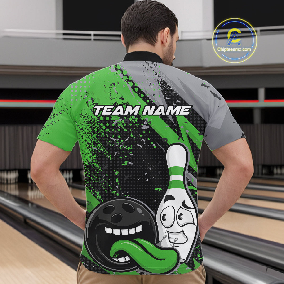 Custom Funny Bowling Men Quarter Zip Shirt, Green Bowling Ball And Pin Bowling Jersey IPHW12731