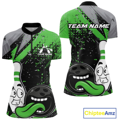 Custom Funny Bowling Women Quarter-Zip Shirt, Green Bowling Ball And Pin Bowling Jersey IPHW12731