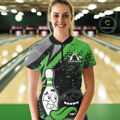 Custom Funny Bowling Women Quarter-Zip Shirt, Green Bowling Ball And Pin Bowling Jersey IPHW12731