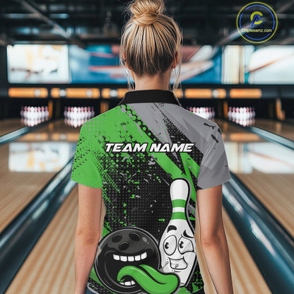 Custom Funny Bowling Women Quarter-Zip Shirt, Green Bowling Ball And Pin Bowling Jersey IPHW12731