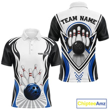 Load image into Gallery viewer, Front and back views of a men's bowling polo shirt mockup showcasing bowling ball and pins graphics in white, black, and blue.