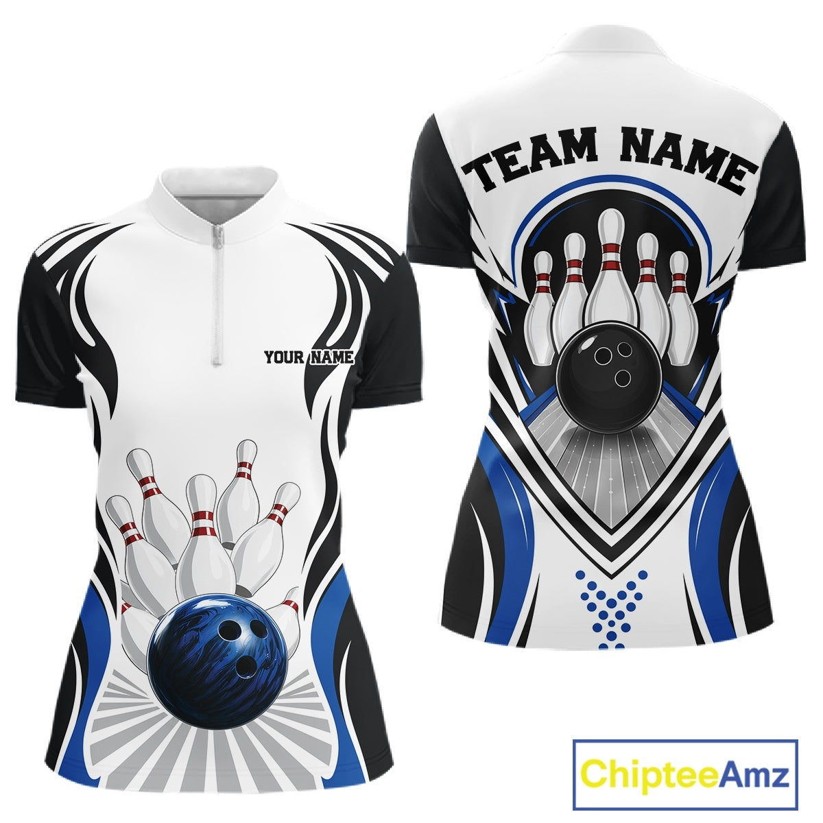 Front and back views of a women's bowling quarter-zip shirt mockup featuring bowling ball and pins graphics in white, black, and blue.