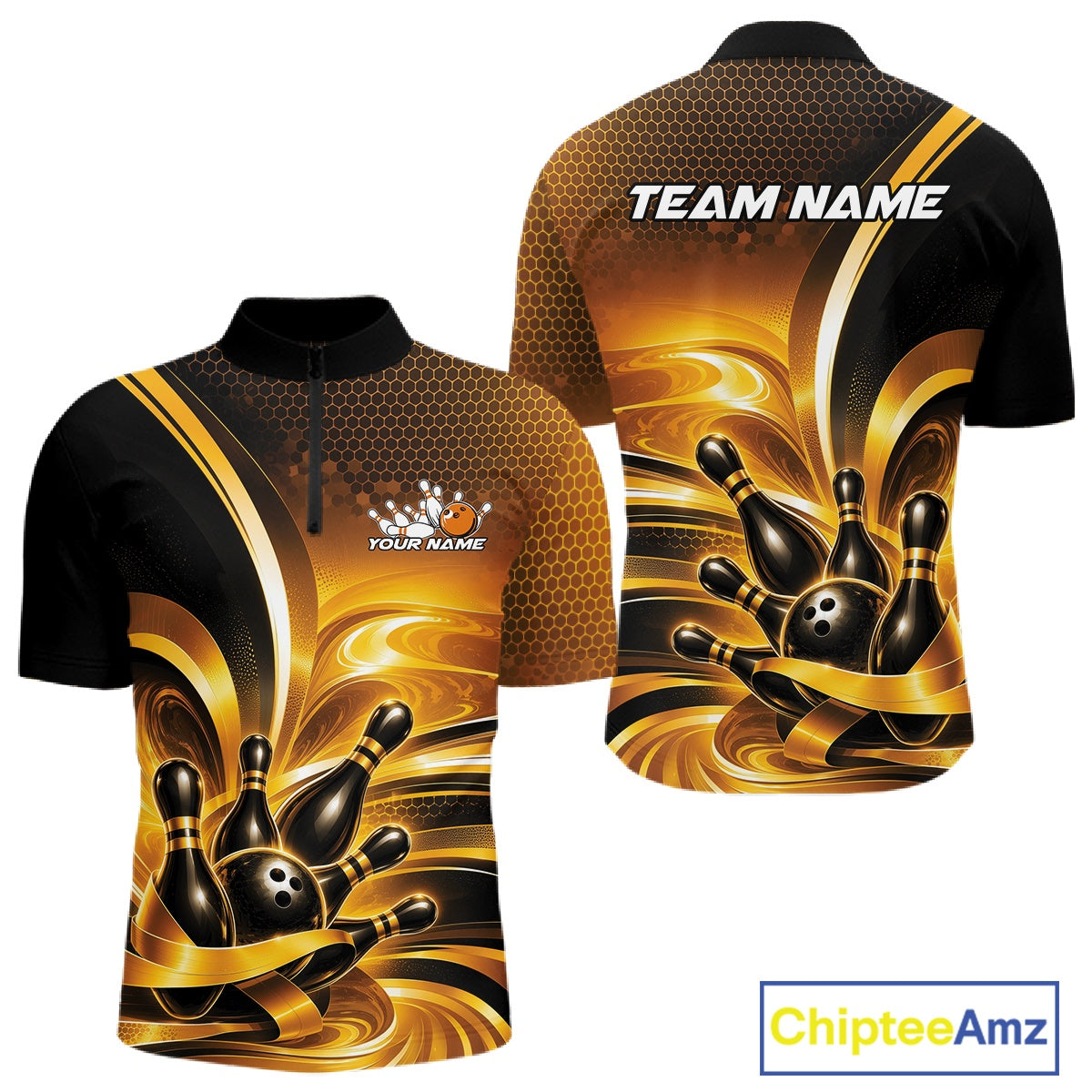 Front and back views of a men's bowling quarter-zip shirt mockup showcasing glossy gold and black bowling ball and pins artwork.