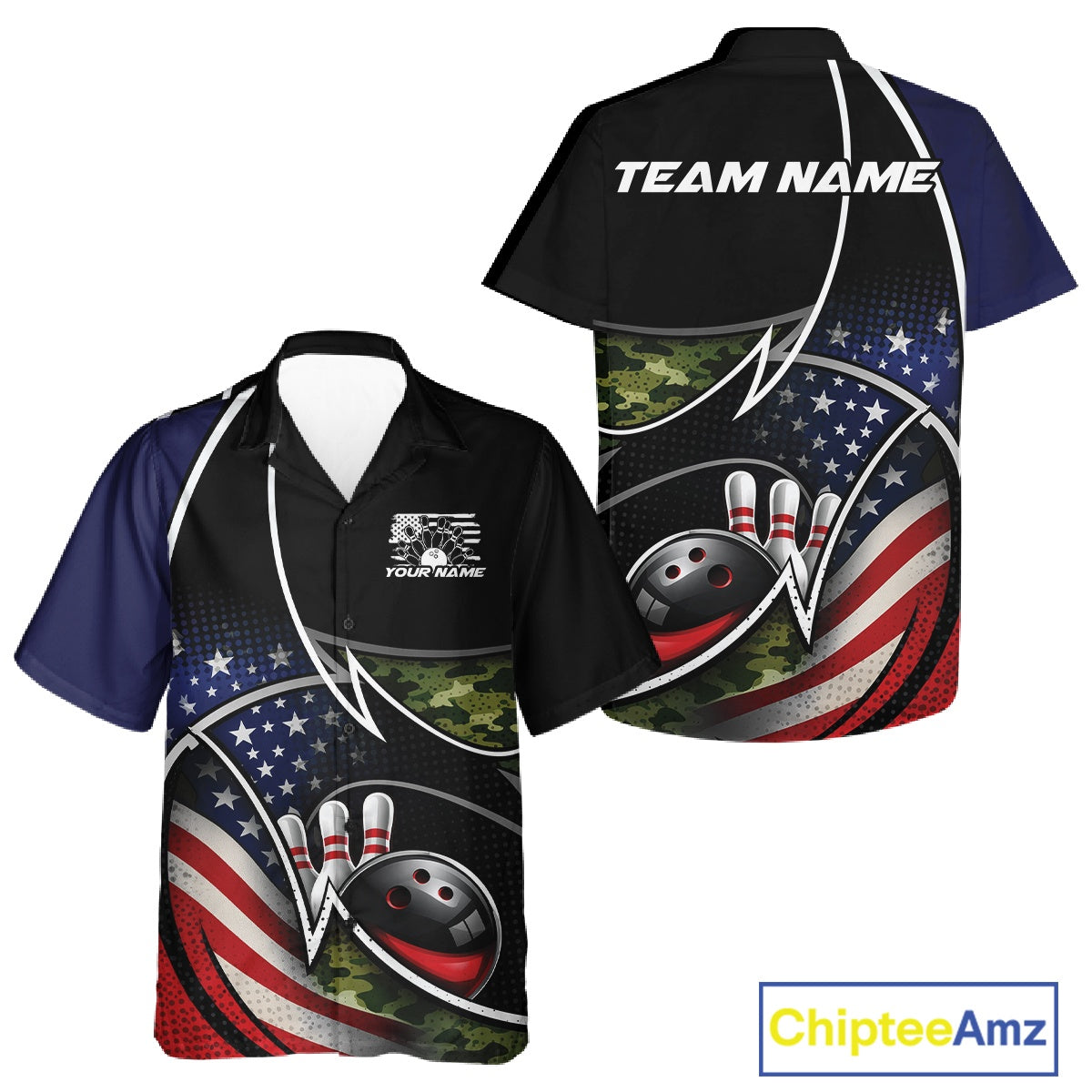 Custom Patriotic US Flag Bowling Team Shirts, Freedom Military Camo Men And Women Bowling Jerseys IPHW10531