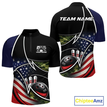 Custom Patriotic US Flag Bowling Team Shirts, Freedom Military Camo Men Bowling Jerseys IPHW10531