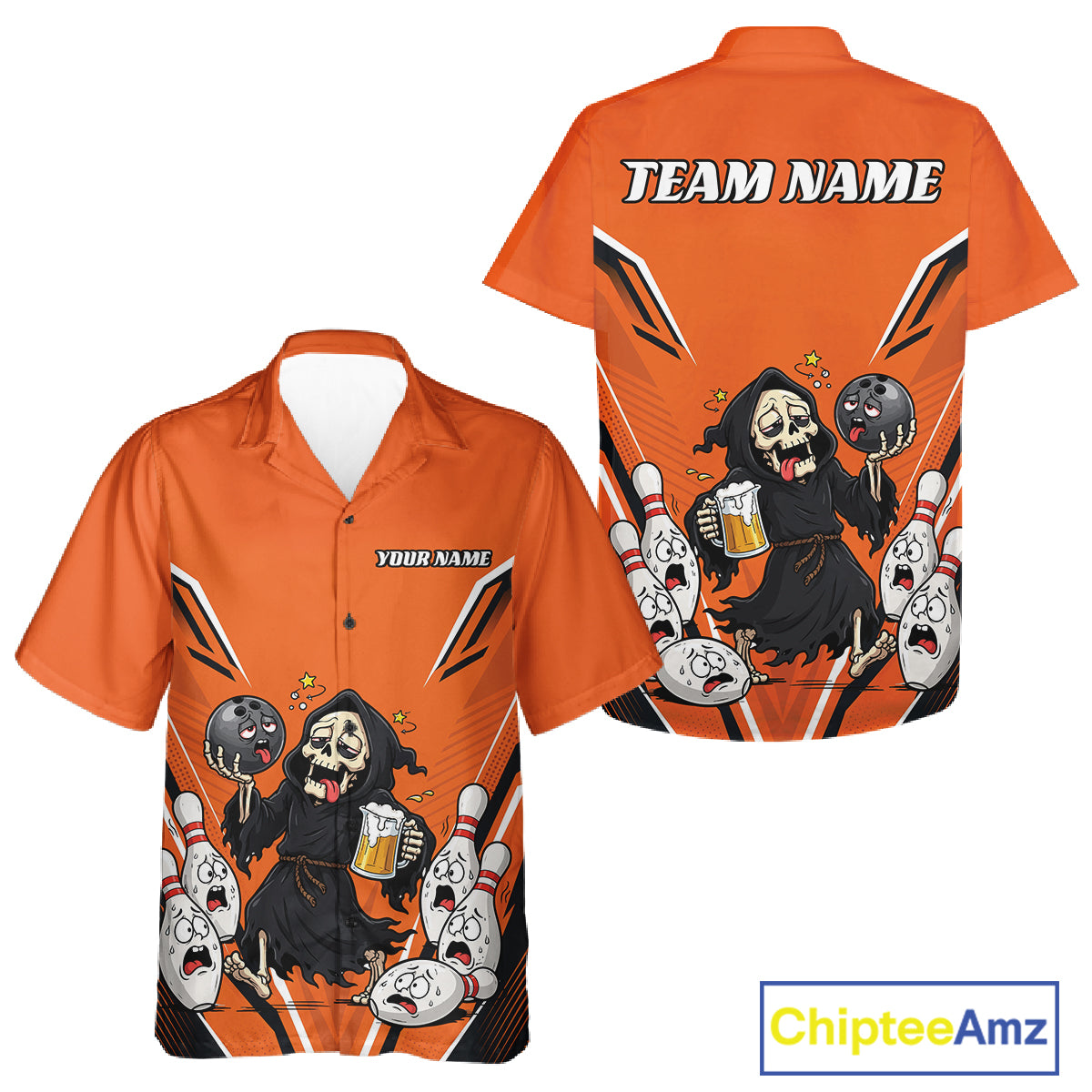 Custom Orange Funny Grim Reaper Bowling And Beer Men And Women Button Up Shirt, Halloween Bowling Jersey IPHW11947