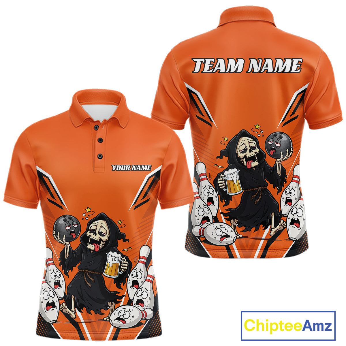 Custom Orange Funny Grim Reaper Bowling And Beer Men Polo Shirt, Halloween Bowling Jersey IPHW11947