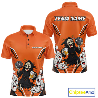 Custom Orange Funny Grim Reaper Bowling And Beer Men Polo Shirt, Halloween Bowling Jersey IPHW11947
