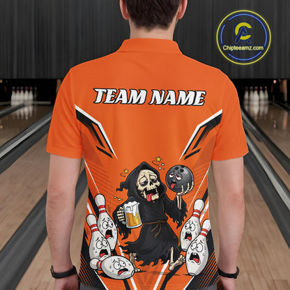 Custom Orange Funny Grim Reaper Bowling And Beer Men Polo Shirt, Halloween Bowling Jersey IPHW11947