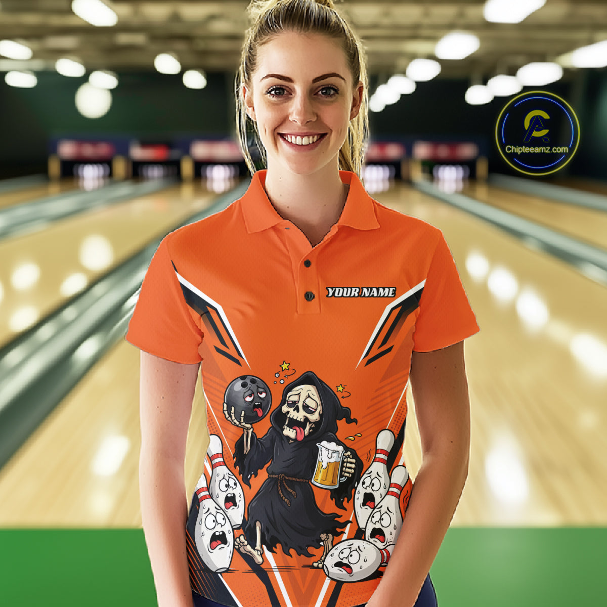 Custom Orange Funny Grim Reaper Bowling And Beer Women Polo Shirt, Halloween Bowling Jersey IPHW11947