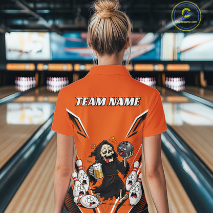 Custom Orange Funny Grim Reaper Bowling And Beer Women Polo Shirt, Halloween Bowling Jersey IPHW11947