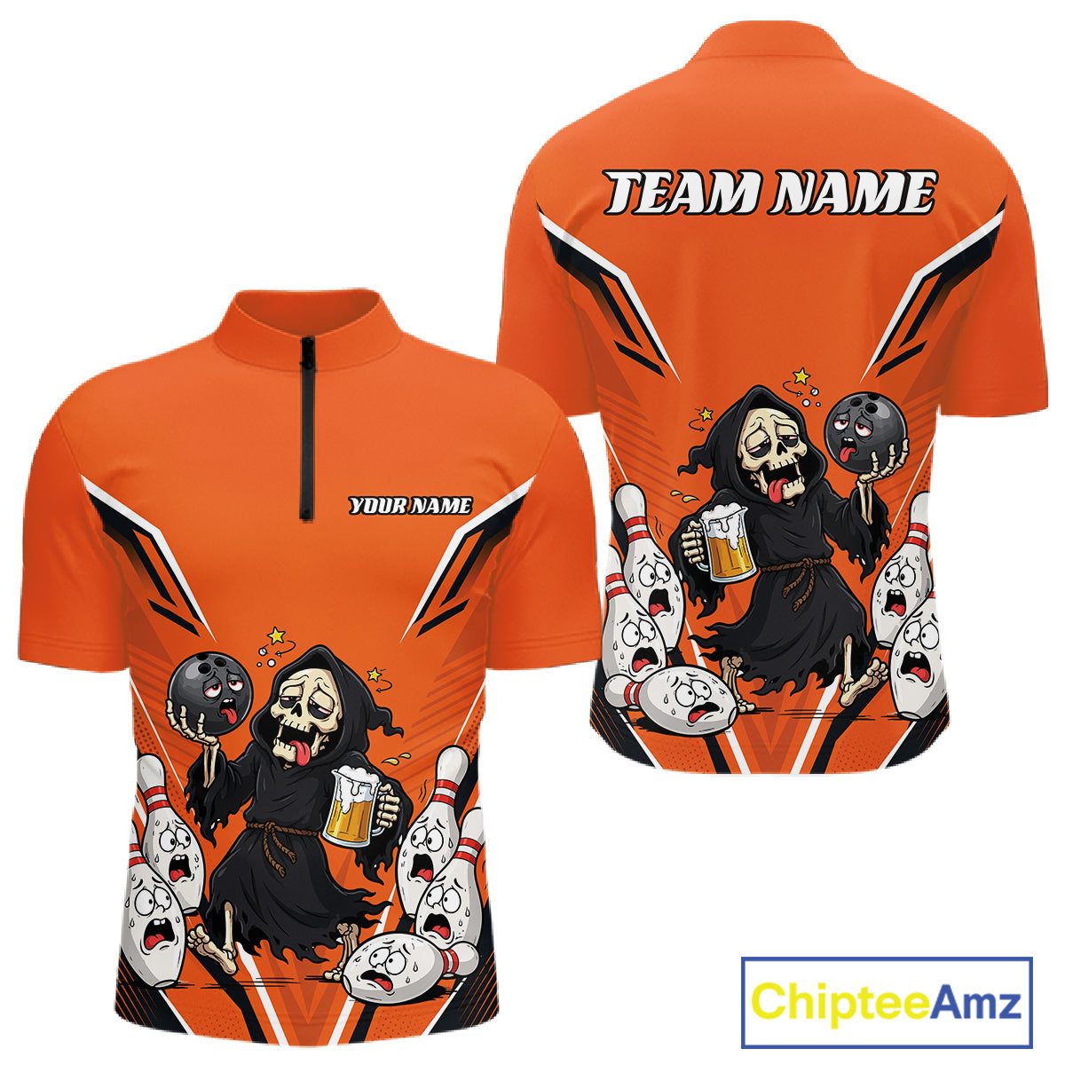 Custom Orange Funny Grim Reaper Bowling And Beer Men Quarter Zip Shirt, Halloween Bowling Jersey IPHW11947