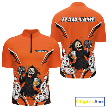 Custom Orange Funny Grim Reaper Bowling And Beer Men Quarter Zip Shirt, Halloween Bowling Jersey IPHW11947