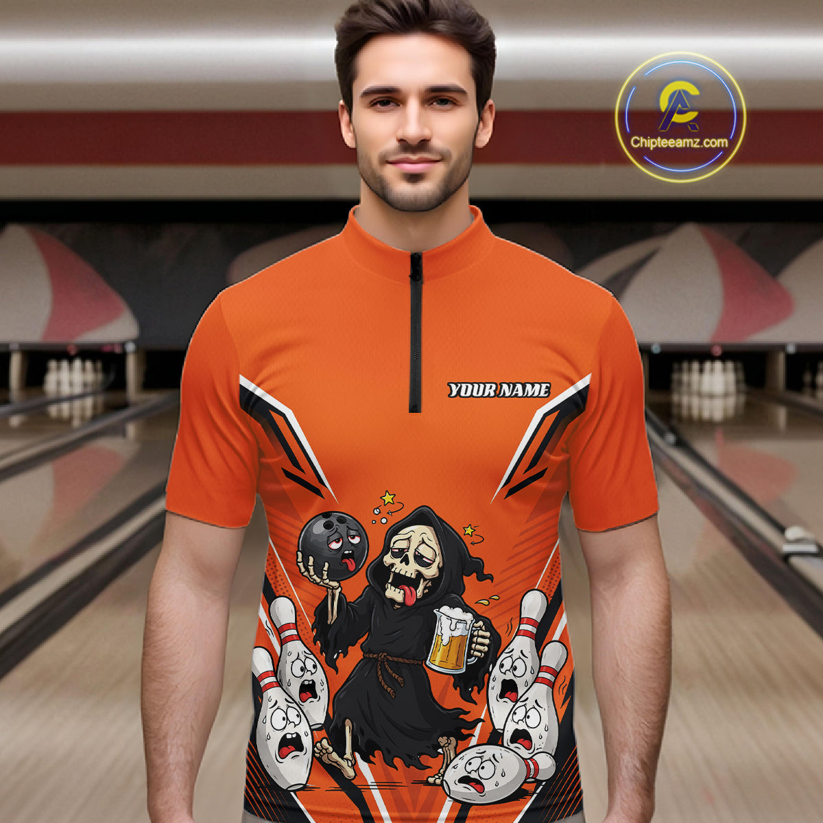 Custom Orange Funny Grim Reaper Bowling And Beer Men Quarter Zip Shirt, Halloween Bowling Jersey IPHW11947