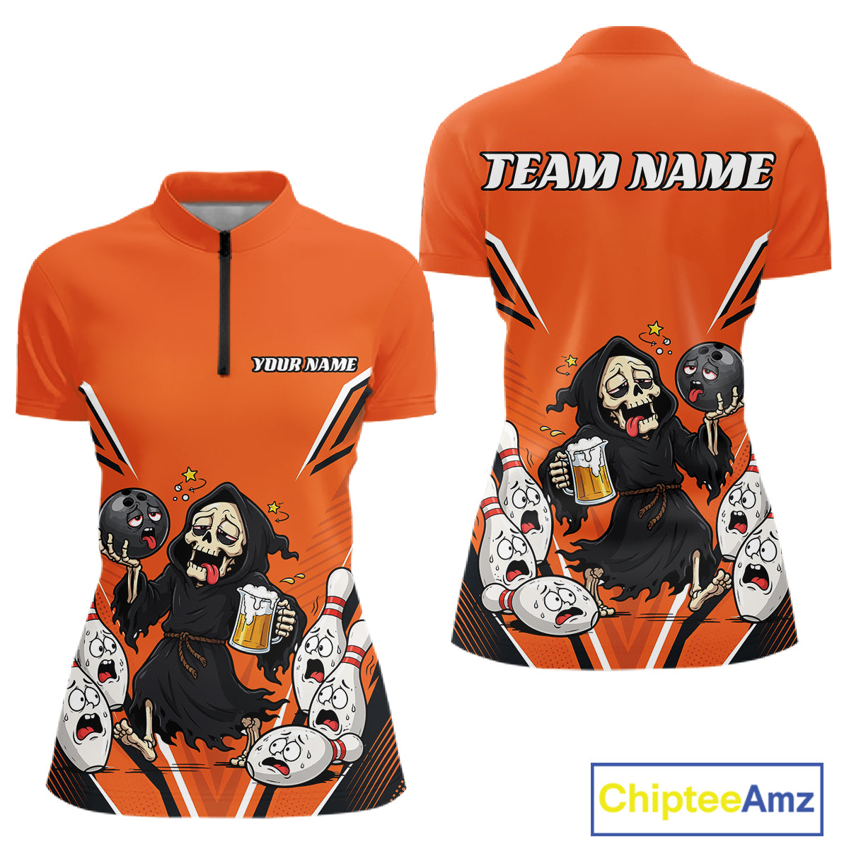 Custom Orange Funny Grim Reaper Bowling And Beer Women Shirt, Halloween Jersey IPHW11947