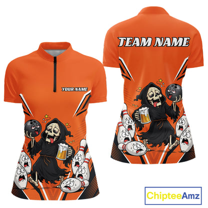 Custom Orange Funny Grim Reaper Bowling And Beer Women Shirt, Halloween Jersey IPHW11947