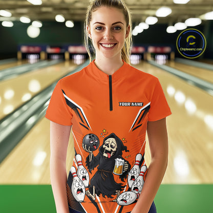 Custom Orange Funny Grim Reaper Bowling And Beer Women Shirt, Halloween Jersey IPHW11947