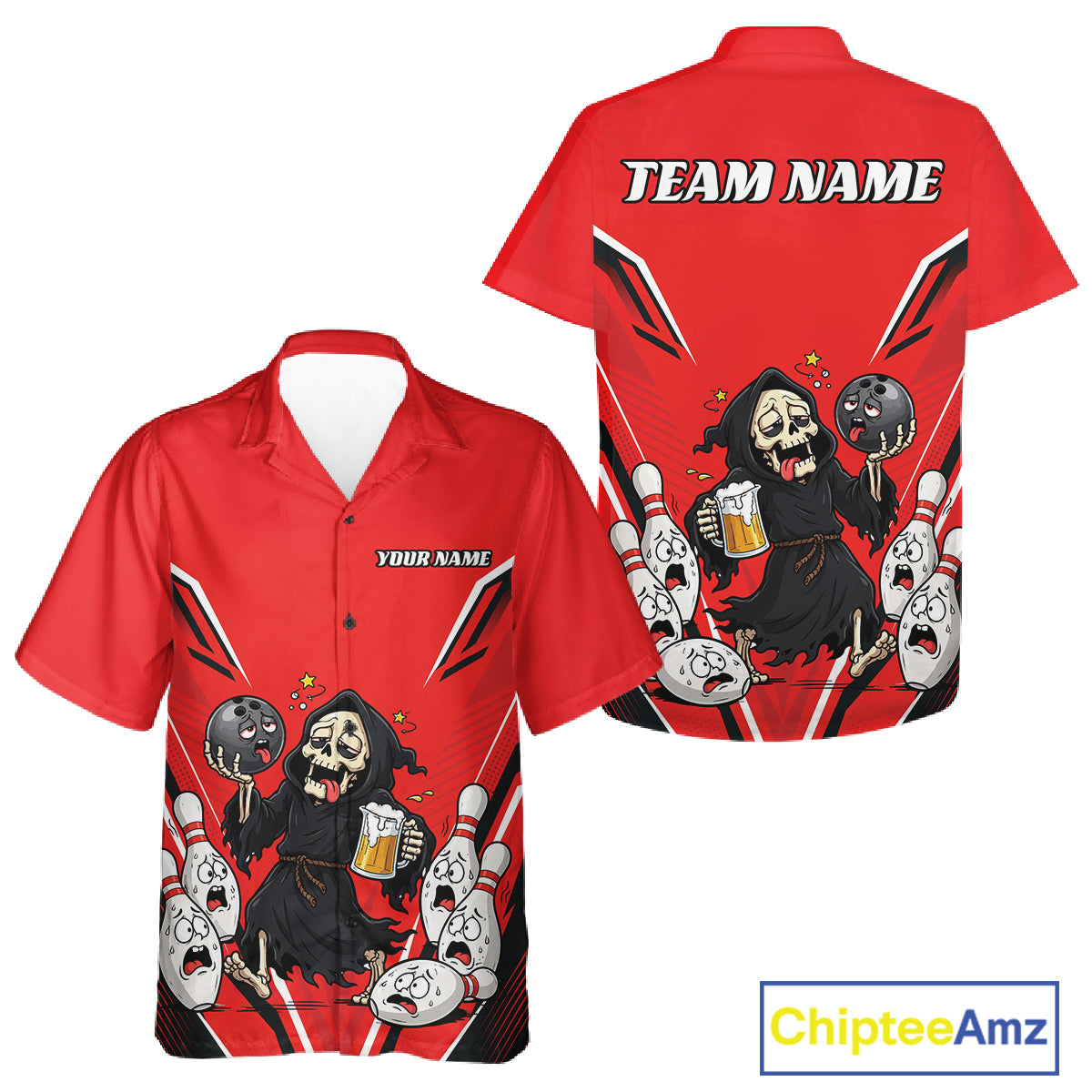 Custom Red Funny Grim Reaper Bowling And Beer Men And Women Button Up Shirt, Halloween Bowling Jersey IPHW11948