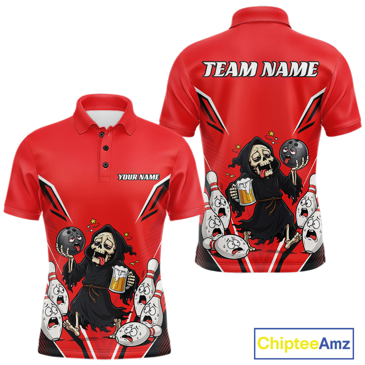 Custom Red Funny Grim Reaper Bowling And Beer Men Polo Shirt, Halloween Bowling Jersey IPHW11948