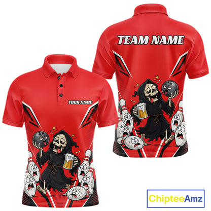 Custom Red Funny Grim Reaper Bowling And Beer Men Polo Shirt, Halloween Bowling Jersey IPHW11948