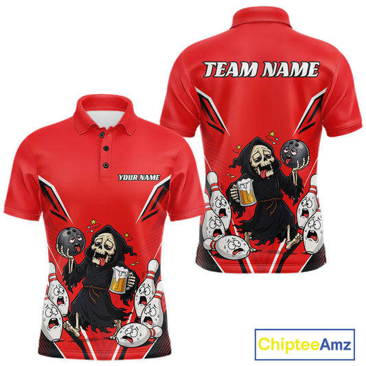 Custom Red Funny Grim Reaper Bowling And Beer Men Polo Shirt, Halloween Bowling Jersey IPHW11948