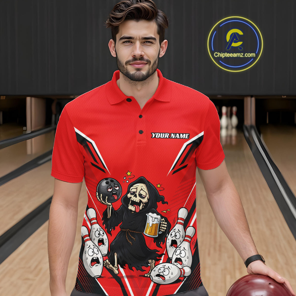 Custom Red Funny Grim Reaper Bowling And Beer Men Polo Shirt, Halloween Bowling Jersey IPHW11948