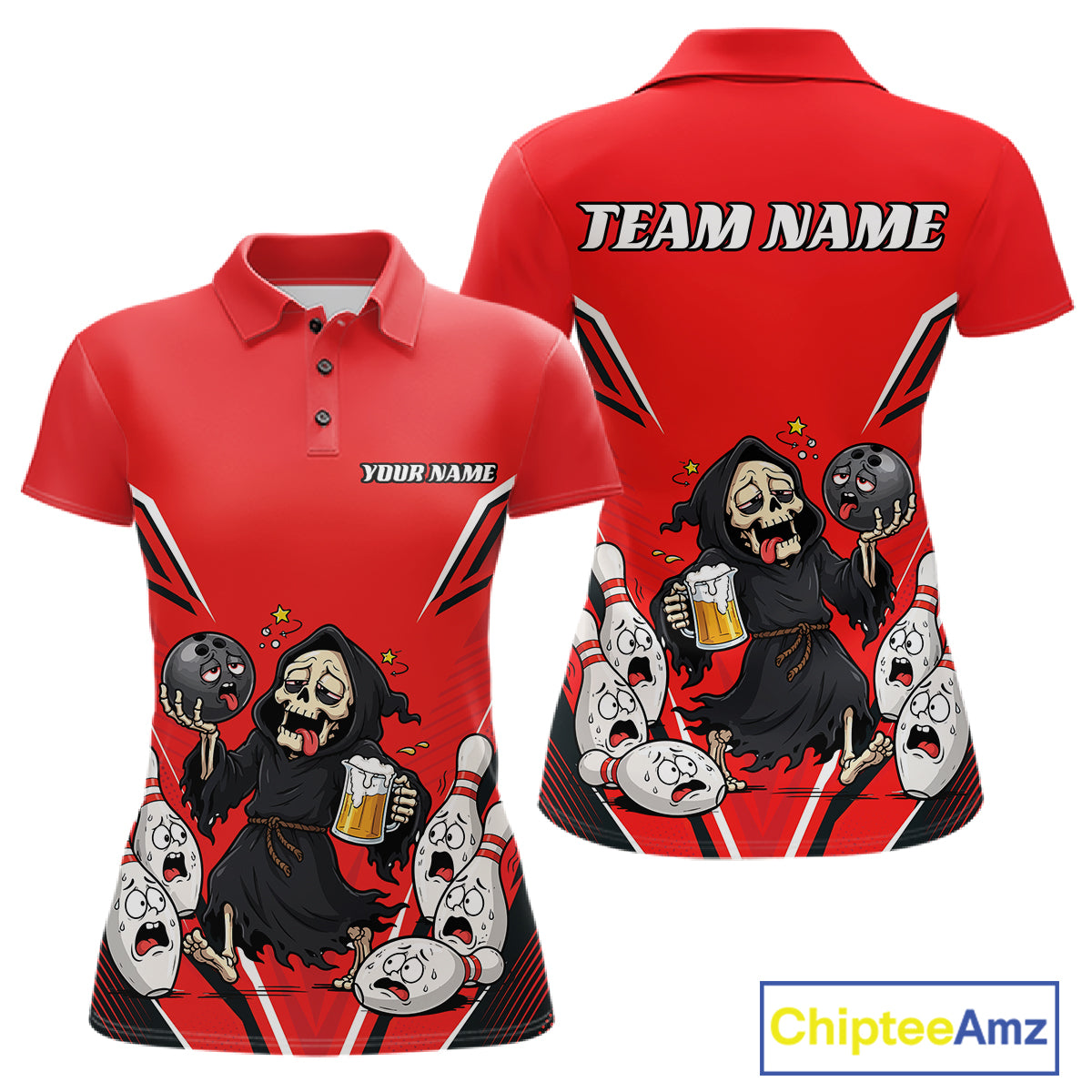 Custom Red Funny Grim Reaper Bowling And Beer Women Polo Shirt, Halloween Bowling Jersey IPHW11948