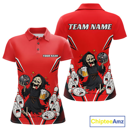 Custom Red Funny Grim Reaper Bowling And Beer Women Polo Shirt, Halloween Bowling Jersey IPHW11948