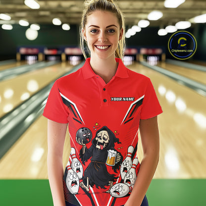 Custom Red Funny Grim Reaper Bowling And Beer Women Polo Shirt, Halloween Bowling Jersey IPHW11948