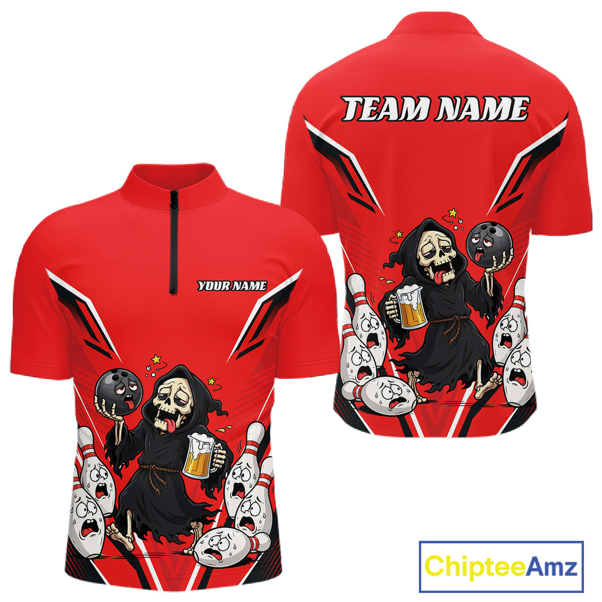 Custom Red Funny Grim Reaper Bowling And Beer Men Quarter Zip Shirt, Halloween Bowling Jersey IPHW11948