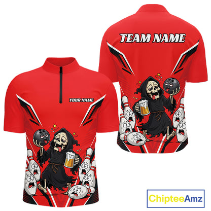 Custom Red Funny Grim Reaper Bowling And Beer Men Quarter Zip Shirt, Halloween Bowling Jersey IPHW11948