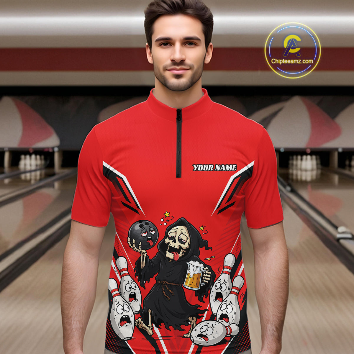 Close-up fabric detail of lightweight 100% polyester quick-dry bowling shirt