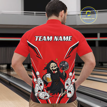 Custom Red Funny Grim Reaper Bowling And Beer Men Quarter Zip Shirt, Halloween Bowling Jersey IPHW11948
