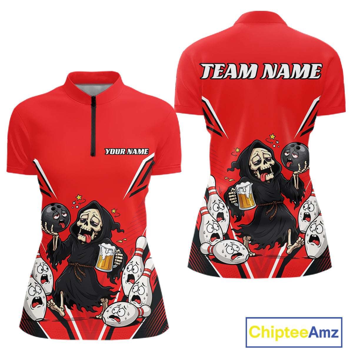 Custom Red Funny Grim Reaper Bowling And Beer Women Quarter-Zip Shirt, Halloween Jersey IPHW11948