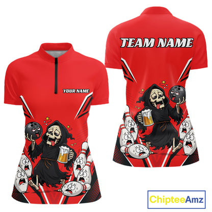 Custom Red Funny Grim Reaper Bowling And Beer Women Quarter-Zip Shirt, Halloween Jersey IPHW11948