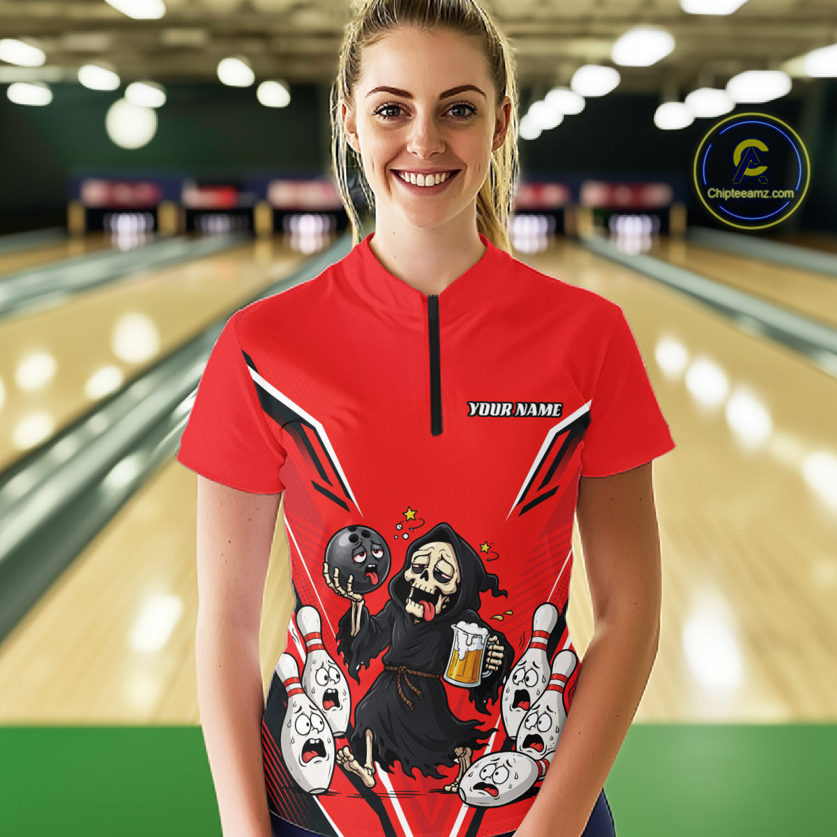 Custom Red Funny Grim Reaper Bowling And Beer Women Quarter-Zip Shirt, Halloween Jersey IPHW11948