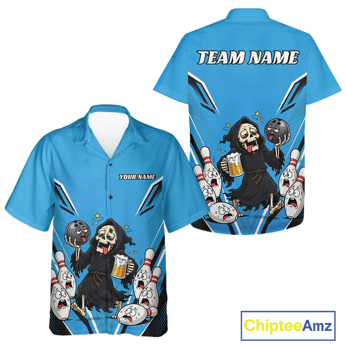Custom Blue Funny Grim Reaper Bowling And Beer Men And Women Button Up Shirt, Halloween Bowling Jersey IPHW11949