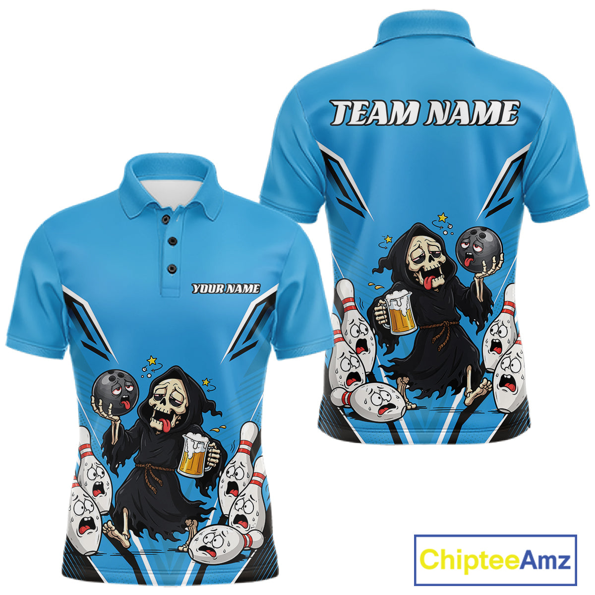Custom Blue Funny Grim Reaper Bowling And Beer Men Polo Shirt, Halloween Bowling Jersey IPHW11949