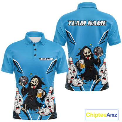 Custom Blue Funny Grim Reaper Bowling And Beer Men Polo Shirt, Halloween Bowling Jersey IPHW11949
