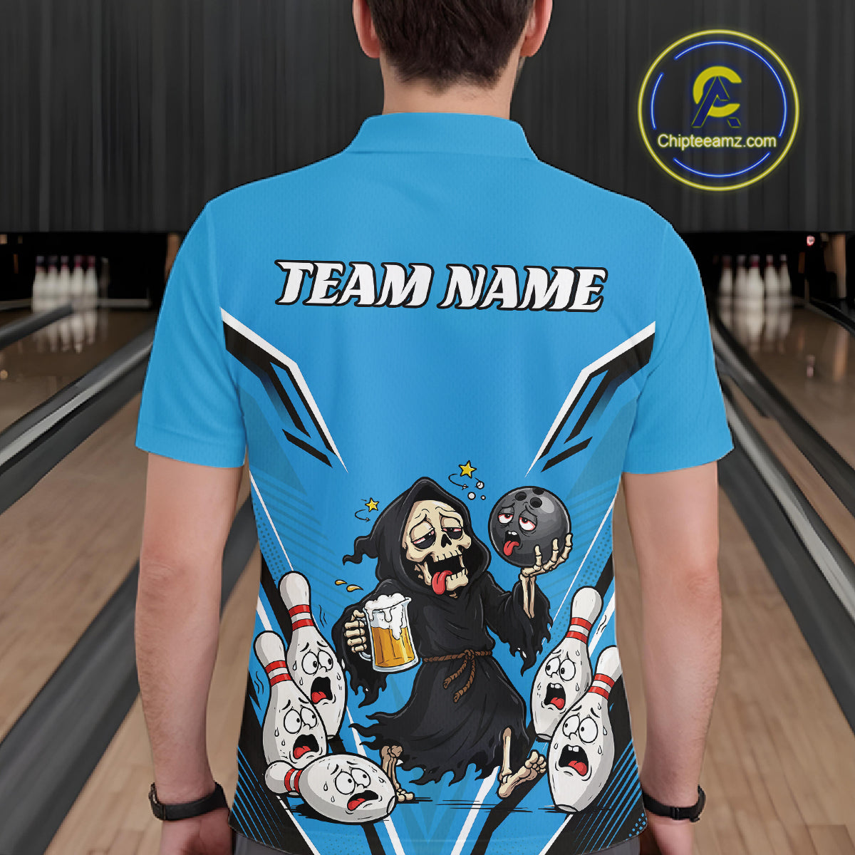 Custom Blue Funny Grim Reaper Bowling And Beer Men Polo Shirt, Halloween Bowling Jersey IPHW11949