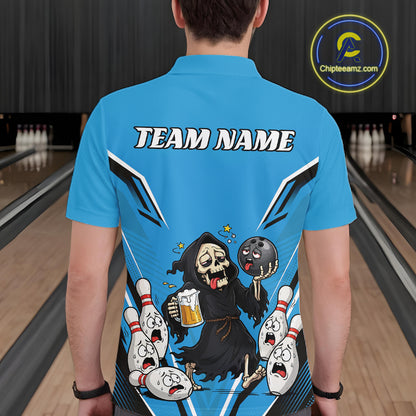 Custom Blue Funny Grim Reaper Bowling And Beer Men Polo Shirt, Halloween Bowling Jersey IPHW11949