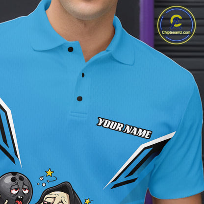 Custom Blue Funny Grim Reaper Bowling And Beer Men Polo Shirt, Halloween Bowling Jersey IPHW11949