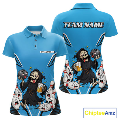 Custom Blue Funny Grim Reaper Bowling And Beer Women Polo Shirt, Halloween Bowling Jersey IPHW11949