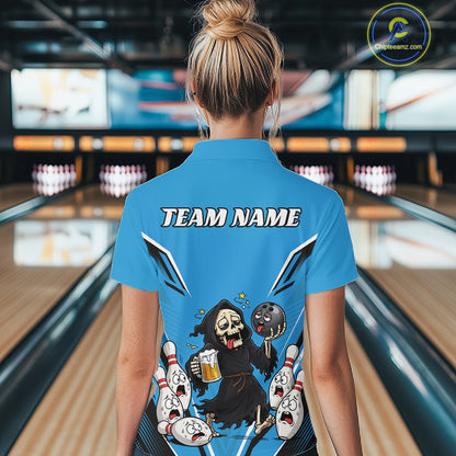 Custom Blue Funny Grim Reaper Bowling And Beer Women Polo Shirt, Halloween Bowling Jersey IPHW11949