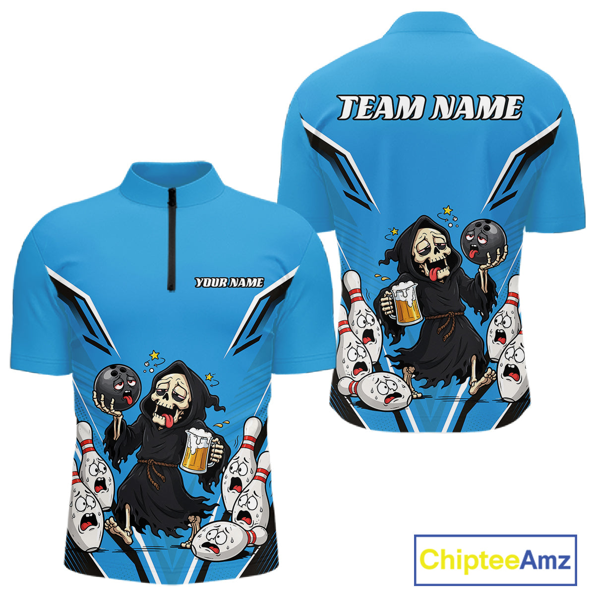 Custom Blue Funny Grim Reaper Bowling And Beer Men Quarter Zip Shirt, Halloween Bowling Jersey IPHW11949
