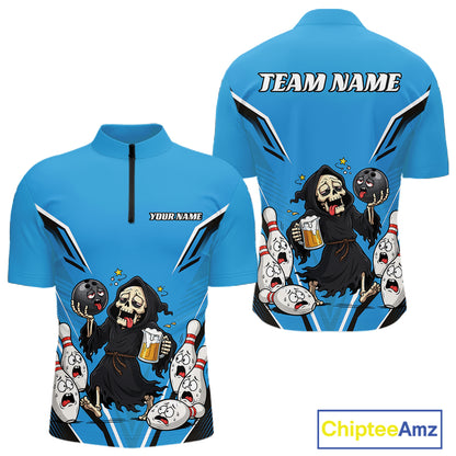 Custom Blue Funny Grim Reaper Bowling And Beer Men Quarter Zip Shirt, Halloween Bowling Jersey IPHW11949