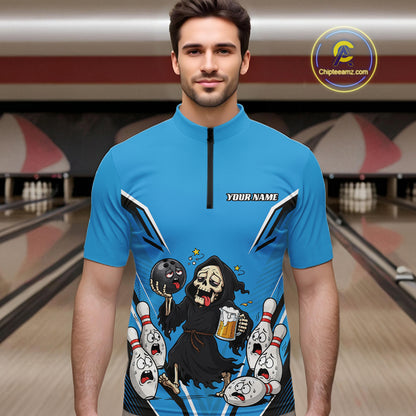 Custom Blue Funny Grim Reaper Bowling And Beer Men Quarter Zip Shirt, Halloween Bowling Jersey IPHW11949