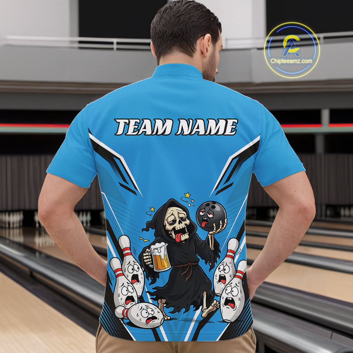 Close-up fabric detail of lightweight 100% polyester quick-dry bowling shirt
