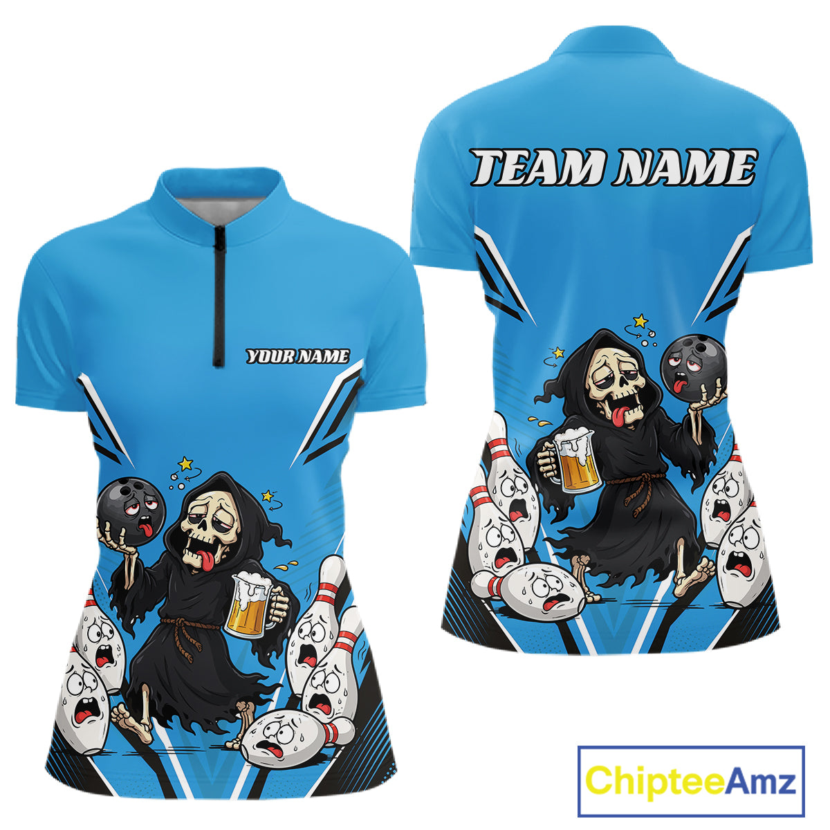 Custom Blue Funny Grim Reaper Bowling And Beer Women Quarter-Zip Shirt, Halloween Jersey IPHW11949